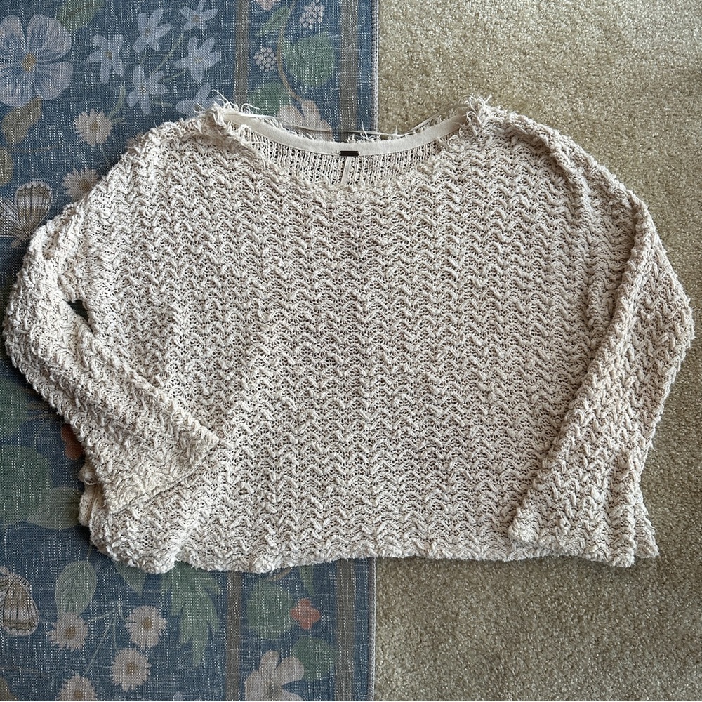 Free People Cream Open-Knit Scoop Neck Sweater